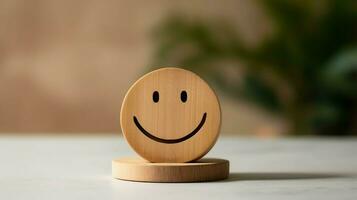 A wooden block label with happy smile relax face good feedback customer. World mental health day concept by AI Generated photo