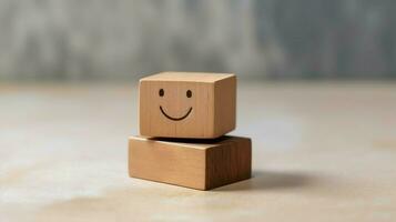 A wooden block label with happy smile relax face good feedback customer. World mental health day concept by AI Generated photo