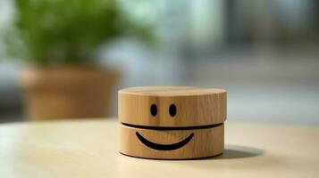 A wooden block label with happy smile relax face good feedback customer. World mental health day concept by AI Generated photo