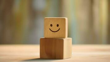 A wooden block label with happy smile relax face good feedback customer. World mental health day concept by AI Generated photo