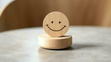 un de madera bloquear etiqueta con contento sonrisa relajarse cara bueno realimentación cliente. mundo mental salud día concepto por ai generado foto