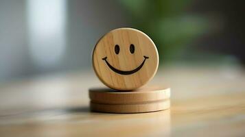 A wooden block label with happy smile relax face good feedback customer. World mental health day concept by AI Generated photo