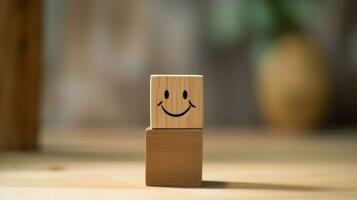 A wooden block label with happy smile relax face good feedback customer. World mental health day concept by AI Generated photo