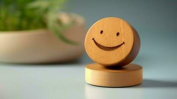 A wooden block label with happy smile relax face good feedback customer. World mental health day concept by AI Generated photo