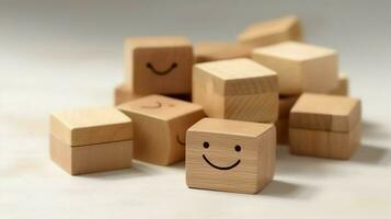 A wooden block label with happy smile relax face good feedback customer. World mental health day concept by AI Generated photo