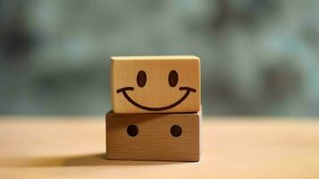 A wooden block label with happy smile relax face good feedback customer. World mental health day concept by AI Generated photo