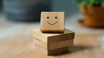 A wooden block label with happy smile relax face good feedback customer. World mental health day concept by AI Generated photo