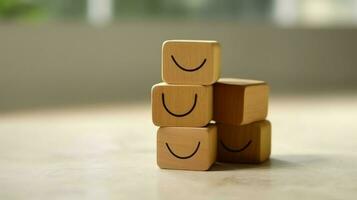 A wooden block label with happy smile relax face good feedback customer. World mental health day concept by AI Generated photo