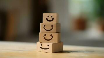 A wooden block label with happy smile relax face good feedback customer. World mental health day concept by AI Generated photo