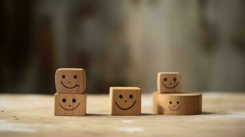 A wooden block label with happy smile relax face good feedback customer. World mental health day concept by AI Generated photo