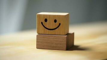 A wooden block label with happy smile relax face good feedback customer. World mental health day concept by AI Generated photo