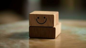 A wooden block label with happy smile relax face good feedback customer. World mental health day concept by AI Generated photo