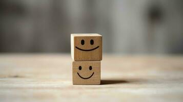 A wooden block label with happy smile relax face good feedback customer. World mental health day concept by AI Generated photo