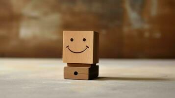 A wooden block label with happy smile relax face good feedback customer. World mental health day concept by AI Generated photo