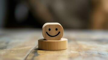 A wooden block label with happy smile relax face good feedback customer. World mental health day concept by AI Generated photo