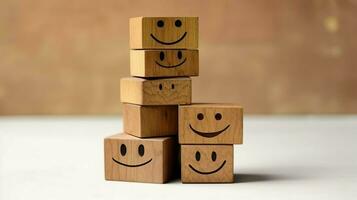 A wooden block label with happy smile relax face good feedback customer. World mental health day concept by AI Generated photo