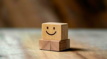 A wooden block label with happy smile relax face good feedback customer. World mental health day concept by AI Generated photo