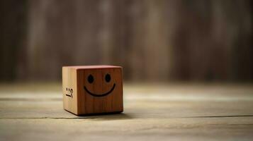 A wooden block label with happy smile relax face good feedback customer. World mental health day concept by AI Generated photo