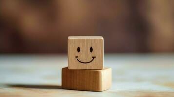 A wooden block label with happy smile relax face good feedback customer. World mental health day concept by AI Generated photo