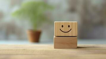 A wooden block label with happy smile relax face good feedback customer. World mental health day concept by AI Generated photo