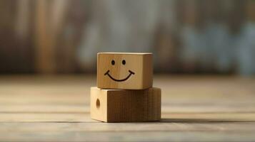 A wooden block label with happy smile relax face good feedback customer. World mental health day concept by AI Generated photo