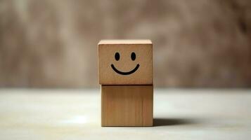 A wooden block label with happy smile relax face good feedback customer. World mental health day concept by AI Generated photo