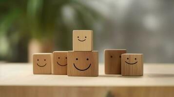 A wooden block label with happy smile relax face good feedback customer. World mental health day concept by AI Generated photo