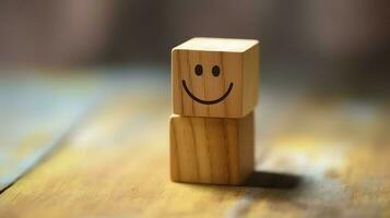 A wooden block label with happy smile relax face good feedback customer. World mental health day concept by AI Generated photo