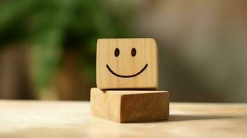 A wooden block label with happy smile relax face good feedback customer. World mental health day concept by AI Generated photo