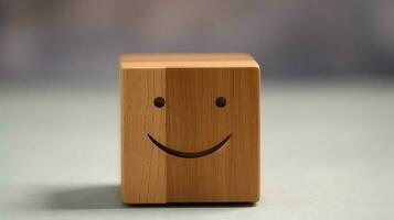 A wooden block label with happy smile relax face good feedback customer. World mental health day concept by AI Generated photo