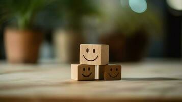 A wooden block label with happy smile relax face good feedback customer. World mental health day concept by AI Generated photo