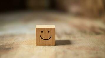 A wooden block label with happy smile relax face good feedback customer. World mental health day concept by AI Generated photo