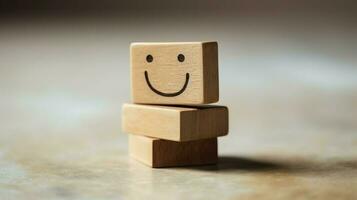 A wooden block label with happy smile relax face good feedback customer. World mental health day concept by AI Generated photo