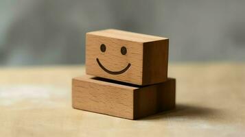 A wooden block label with happy smile relax face good feedback customer. World mental health day concept by AI Generated photo