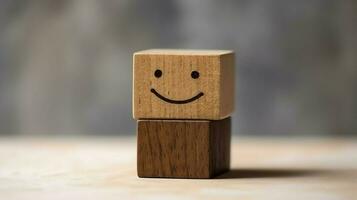 A wooden block label with happy smile relax face good feedback customer. World mental health day concept by AI Generated photo
