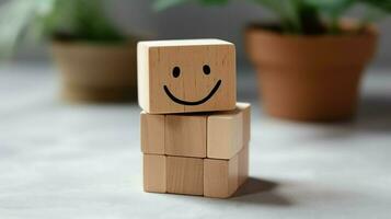 A wooden block label with happy smile relax face good feedback customer. World mental health day concept by AI Generated photo