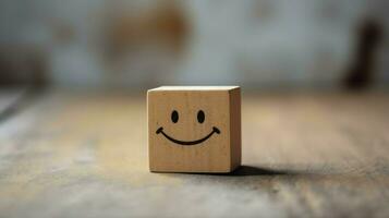 A wooden block label with happy smile relax face good feedback customer. World mental health day concept by AI Generated photo