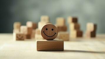 A wooden block label with happy smile relax face good feedback customer. World mental health day concept by AI Generated photo