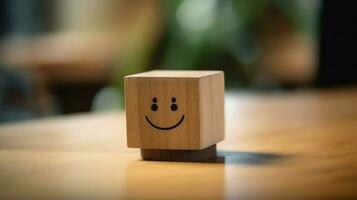 A wooden block label with happy smile relax face good feedback customer. World mental health day concept by AI Generated photo