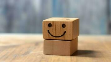 A wooden block label with happy smile relax face good feedback customer. World mental health day concept by AI Generated photo