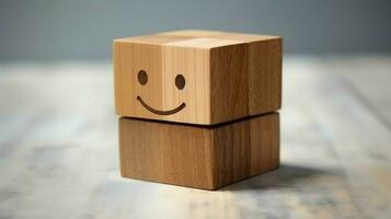 A wooden block label with happy smile relax face good feedback customer. World mental health day concept by AI Generated photo