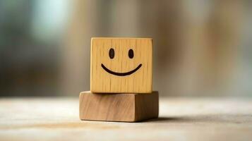 A wooden block label with happy smile relax face good feedback customer. World mental health day concept by AI Generated photo