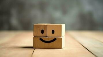 A wooden block label with happy smile relax face good feedback customer. World mental health day concept by AI Generated photo