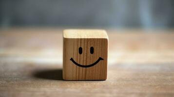 A wooden block label with happy smile relax face good feedback customer. World mental health day concept by AI Generated photo