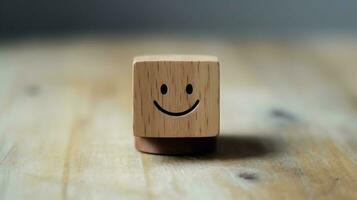 A wooden block label with happy smile relax face good feedback customer. World mental health day concept by AI Generated photo