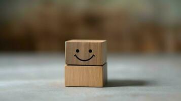 A wooden block label with happy smile relax face good feedback customer. World mental health day concept by AI Generated photo