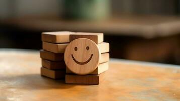 A wooden block label with happy smile relax face good feedback customer. World mental health day concept by AI Generated photo