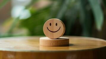 A wooden block label with happy smile relax face good feedback customer. World mental health day concept by AI Generated photo