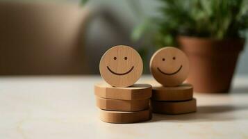 A wooden block label with happy smile relax face good feedback customer. World mental health day concept by AI Generated photo