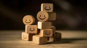 A wooden block label with happy smile relax face good feedback customer. World mental health day concept by AI Generated photo